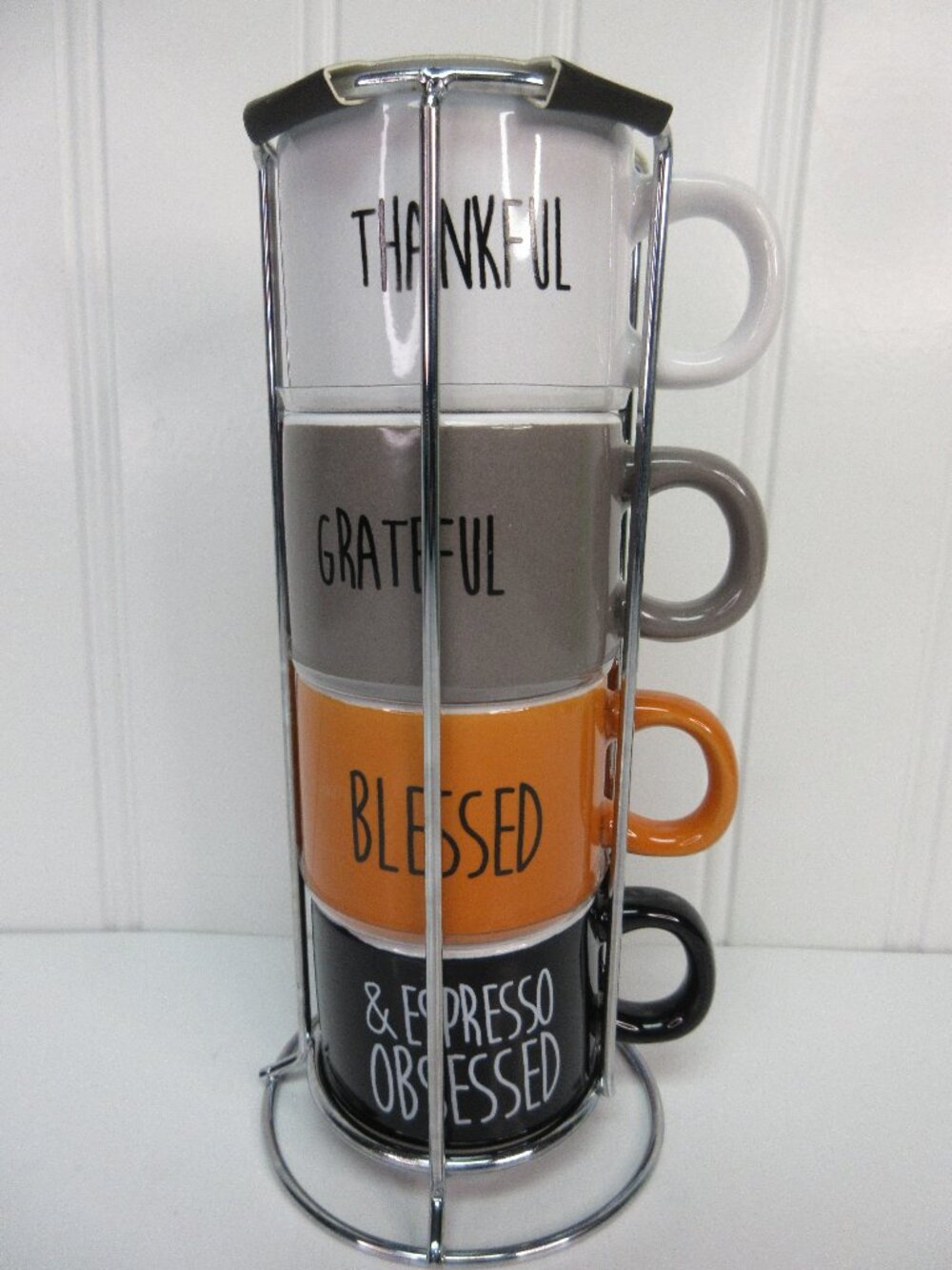 Thankgiving Fall Stackable Espresso Cup Set Metal Rack Ceramic 4oz Mugs